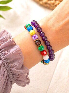 Colorful Glass Beaded Bracelet Set Purple Stretch Stackable Jewelry Boho Gift